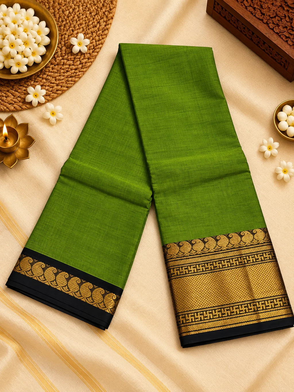 Green & Black Saree with Gold Zari Border