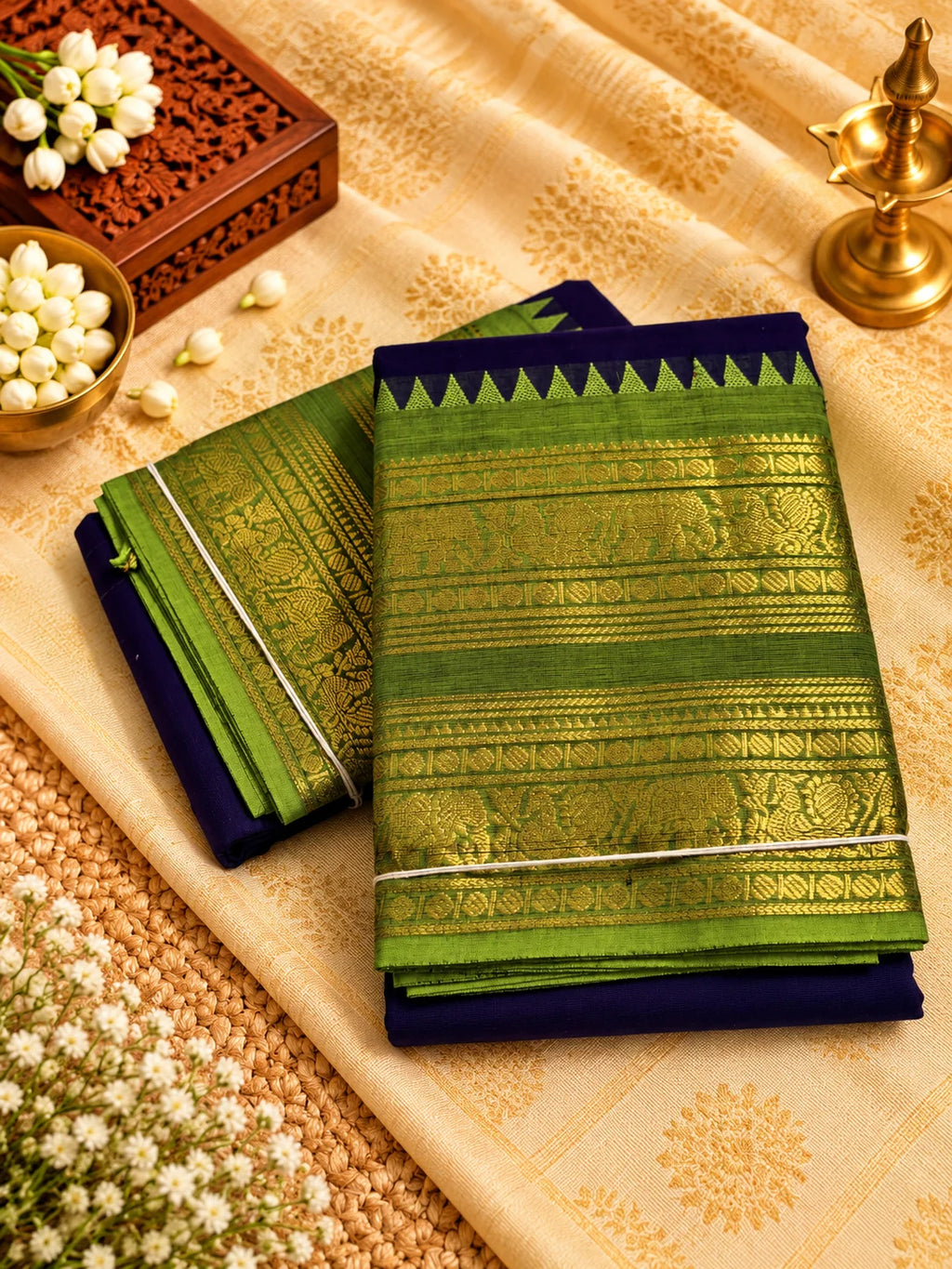Parrot Green & Purple Cotton Saree with Gold Zari Border