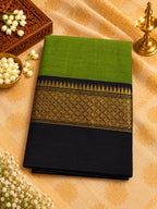 Olive Green 120 Count Cotton Saree with Black Gold Zari Border