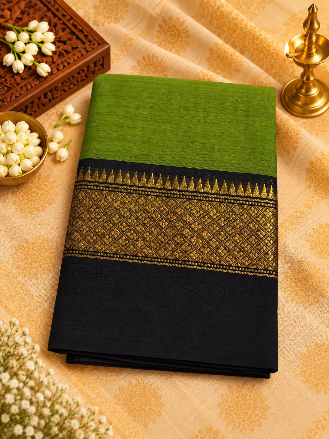 Olive Green 120 Count Cotton Saree with Black Gold Zari Border