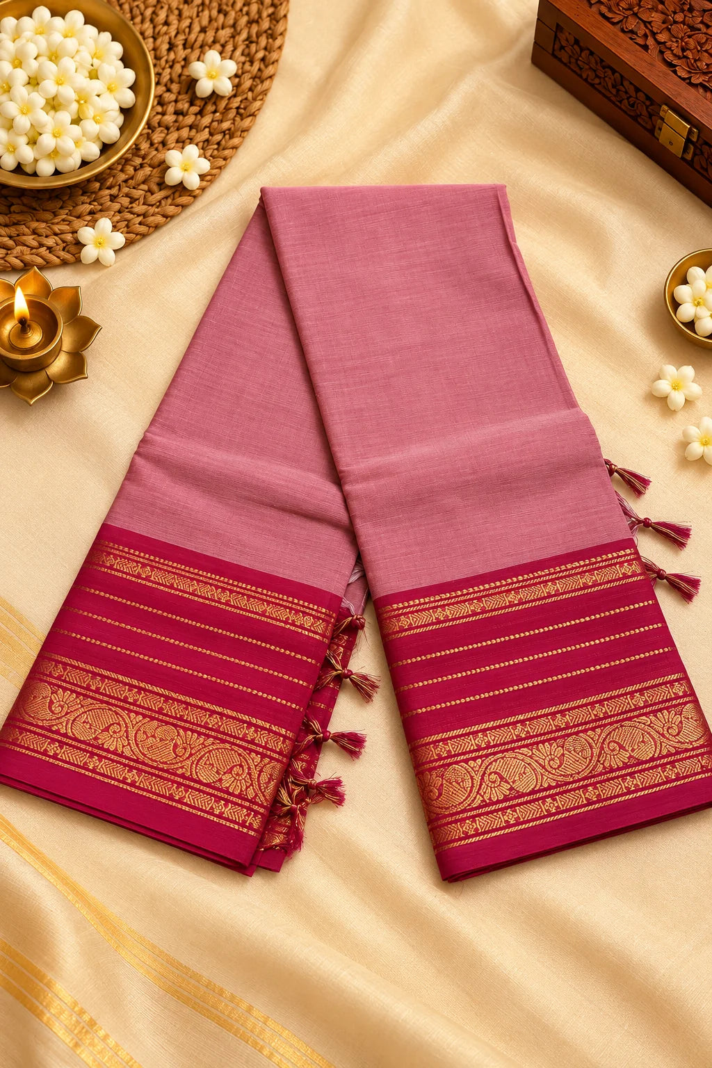 Pink & Magenta Cotton Saree with Gold Zari Border