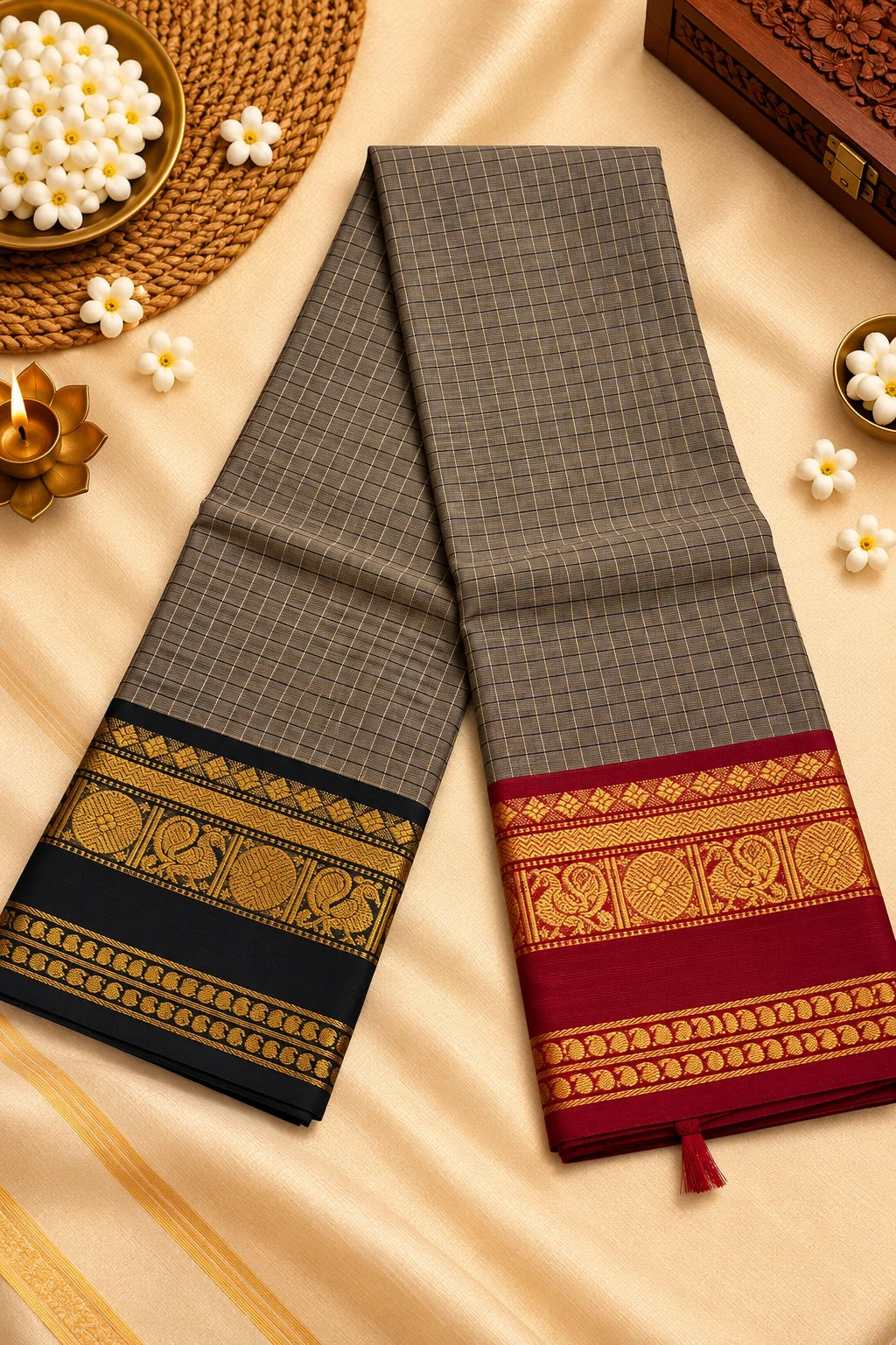 Grey Checked Saree with Black & Maroon Gold Zari Border