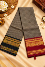 Grey Checked Saree with Black & Maroon Gold Zari Border