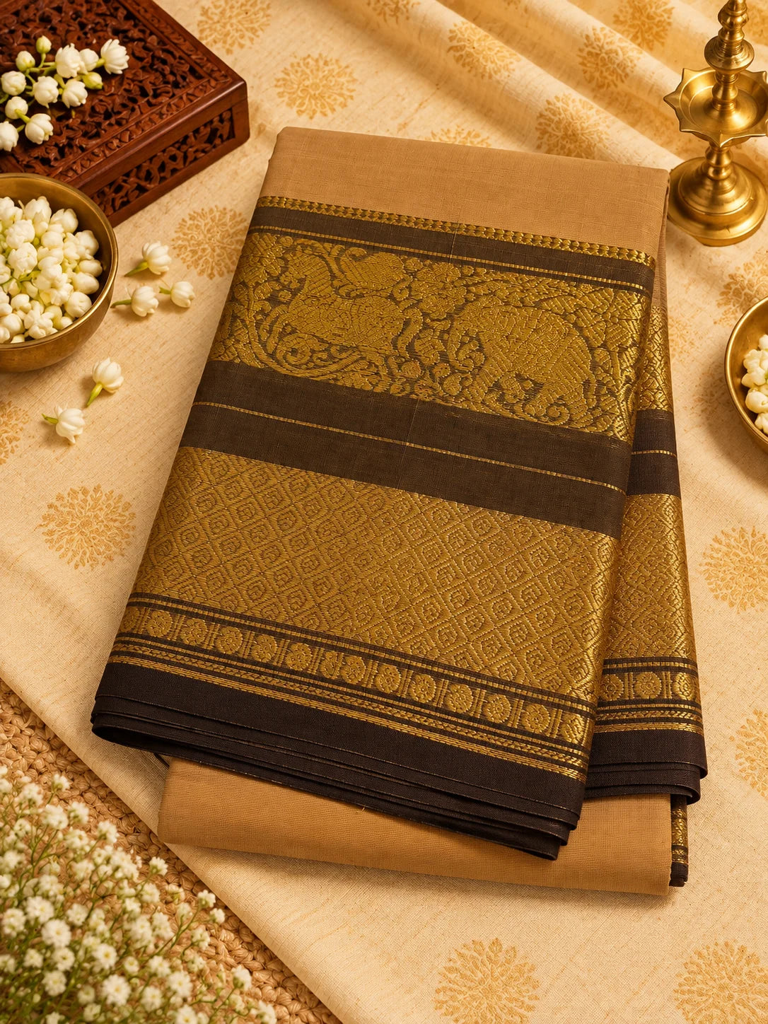 A folded beige and gold saree or fabric piece with ornate woven borders, displayed on a matching patterned cloth with decorative props including white flowers, a brass lamp, and a wooden box.