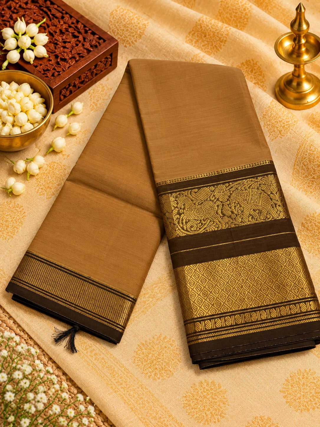 Caramel Brown 120 Count Cotton Saree with Dark Brown Gold Zari Border