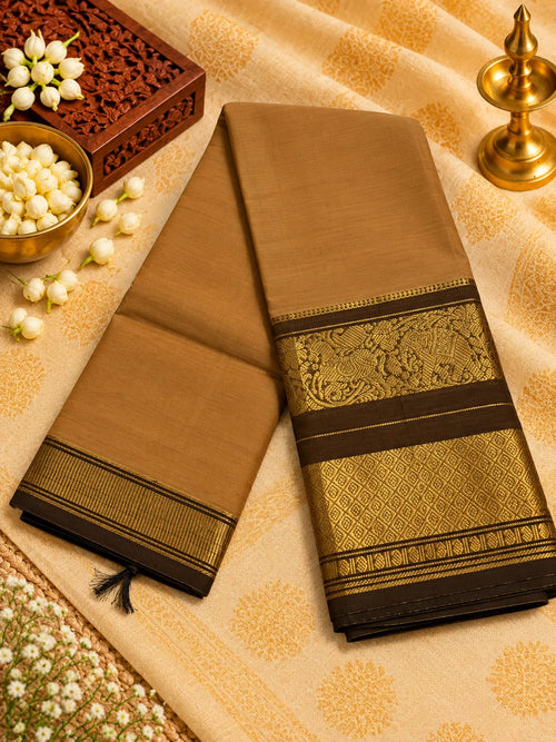 Caramel Brown 120 Count Cotton Saree with Dark Brown Gold Zari Border