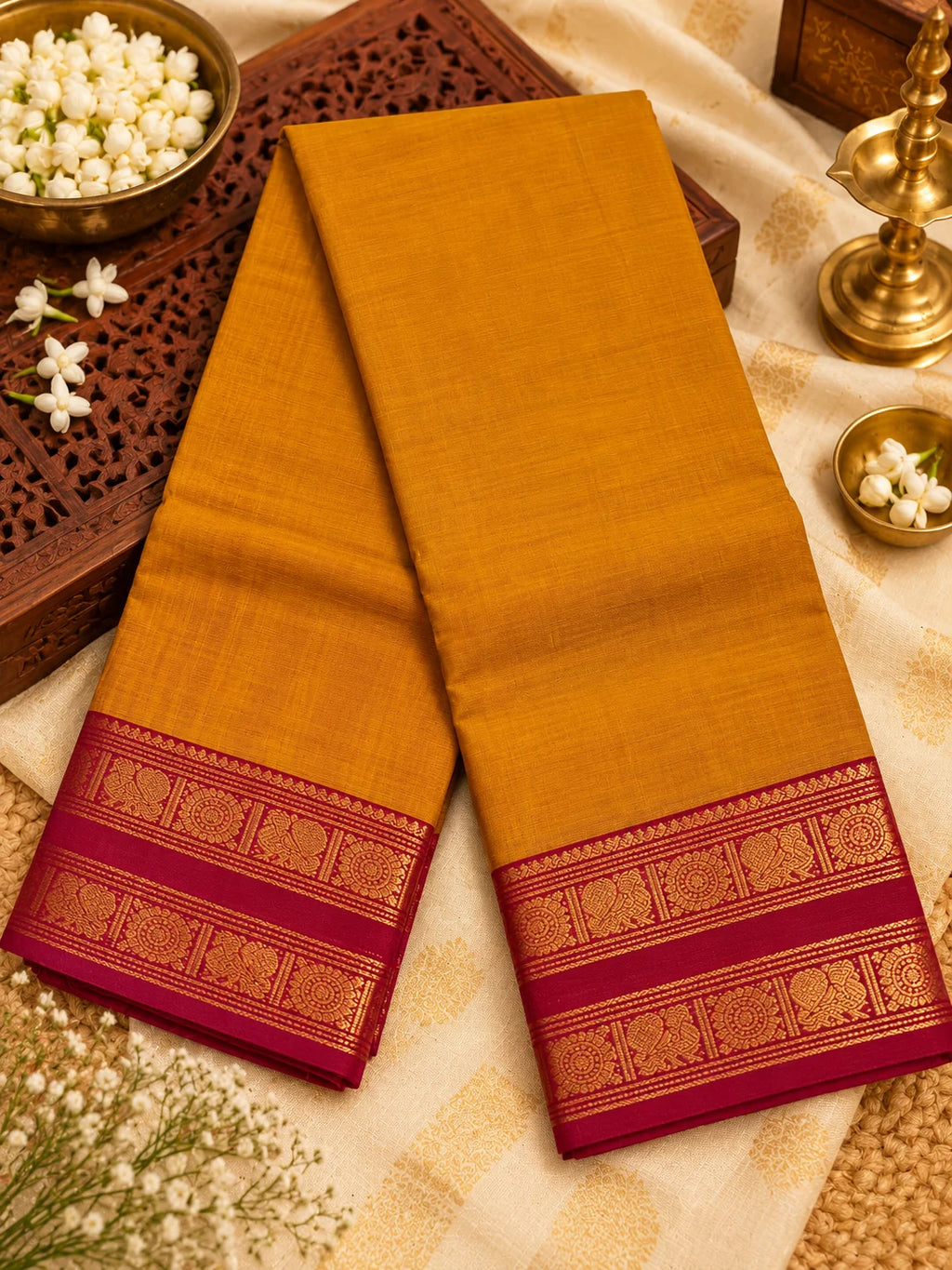 Mustard Gold Cotton Saree with Magenta Gold Zari Border