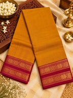 Mustard Gold Cotton Saree with Magenta Gold Zari Border