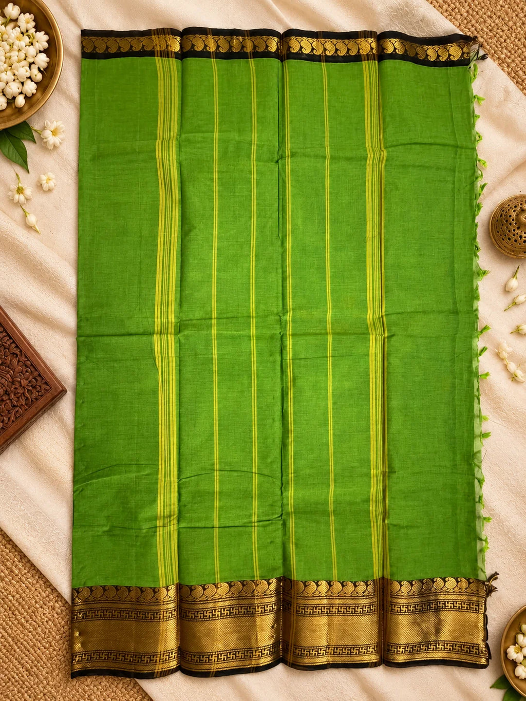 Green & Black Saree with Gold Zari Border
