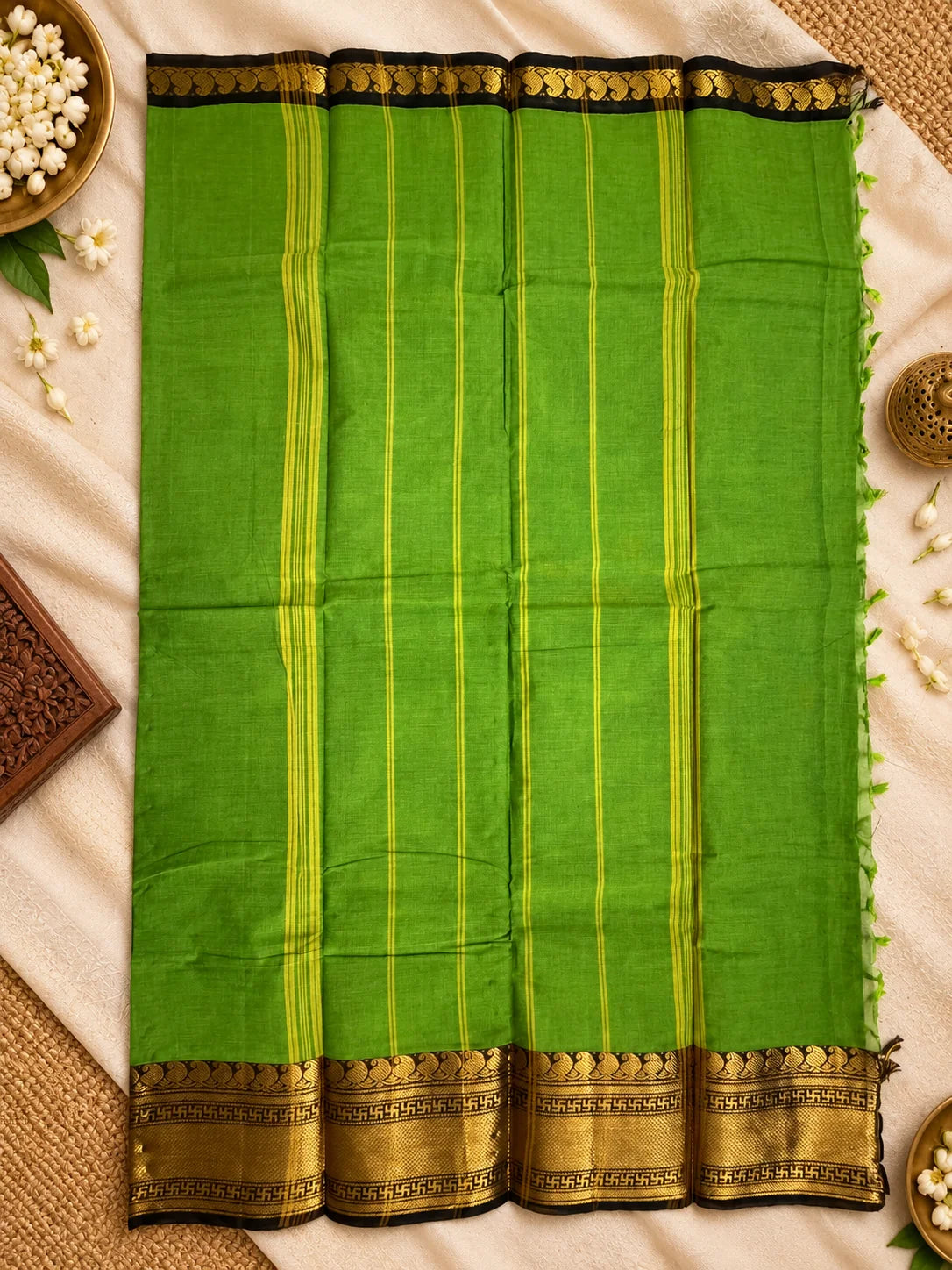 Green & Black Saree with Gold Zari Border