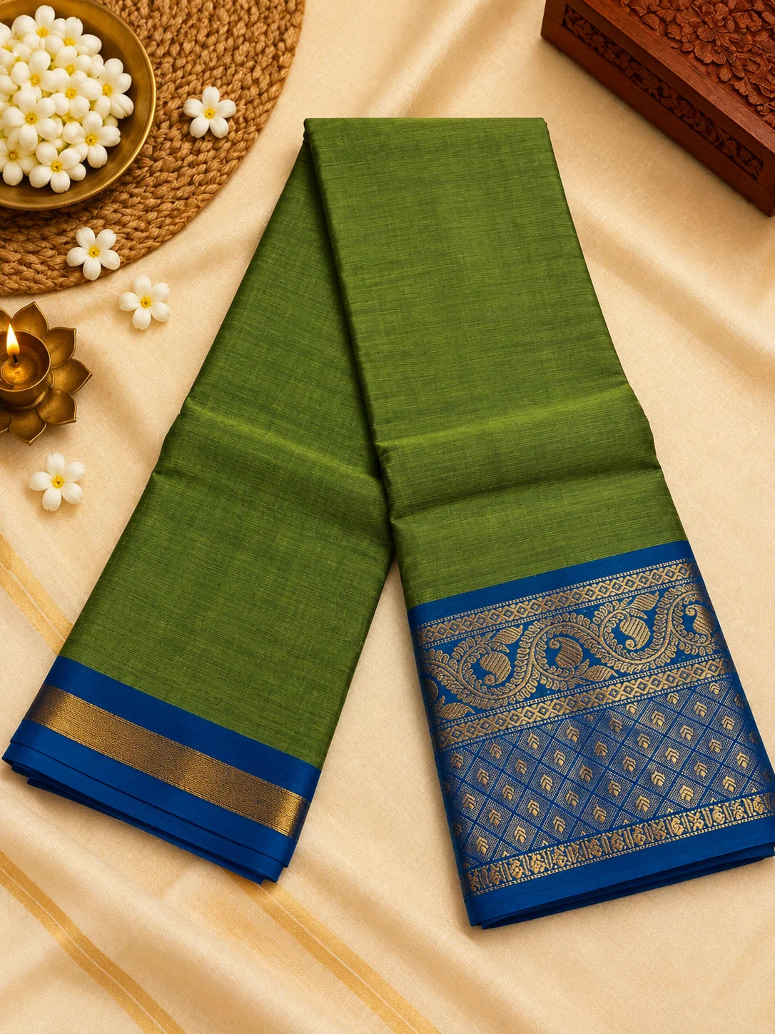 Olive Green & Royal Blue Cotton Saree with Gold Zari