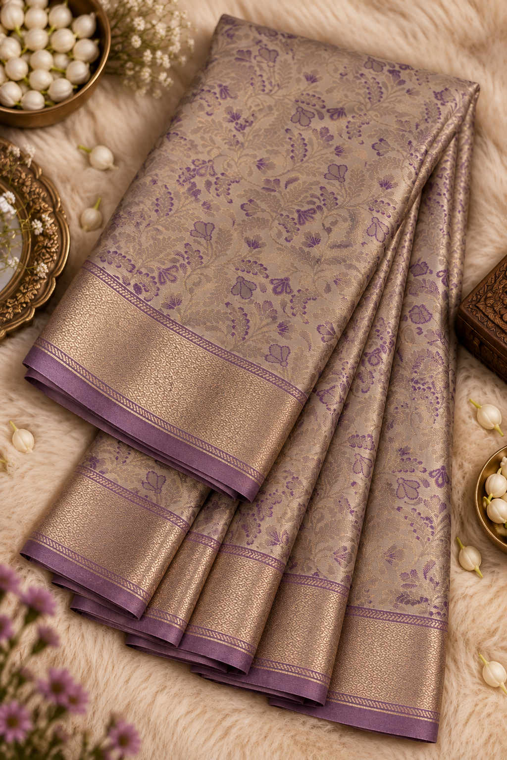 Ivory Cream & Lavender Silk Saree with Silver Zari Floral Weave