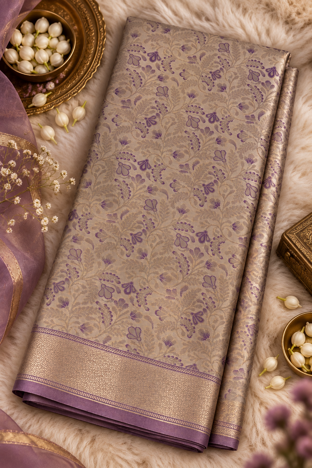 A folded beige and purple brocade saree with floral motifs and a metallic border, styled on a white faux fur background with decorative props.