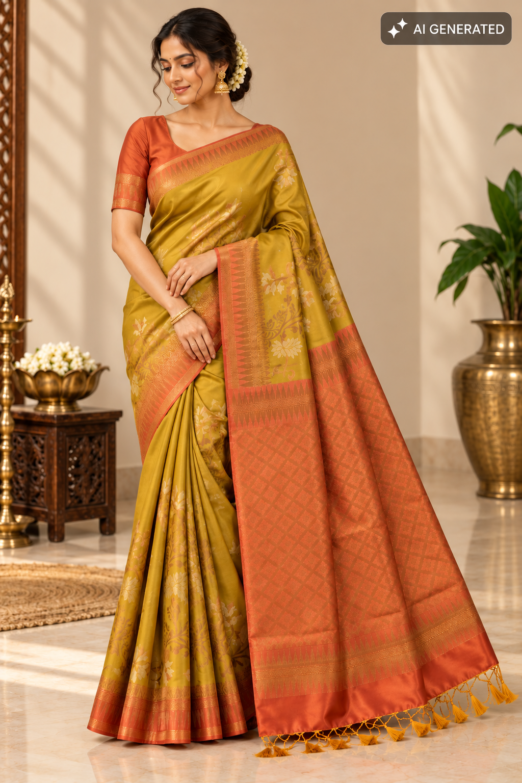 Mustard Gold & Copper Silk Saree with Floral Motifs