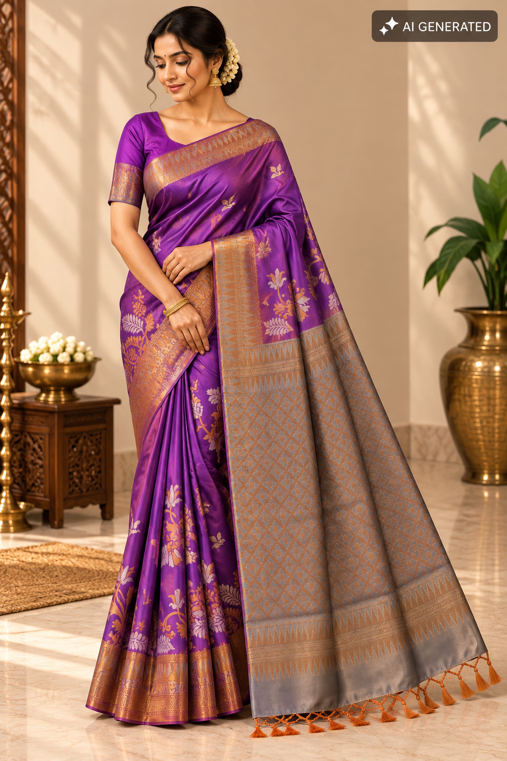 Royal Purple & Antique Gold Silk Saree with Grey Zari Pallu