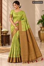 Parrot Green & Antique Gold Silk Saree with Maroon Zari Border