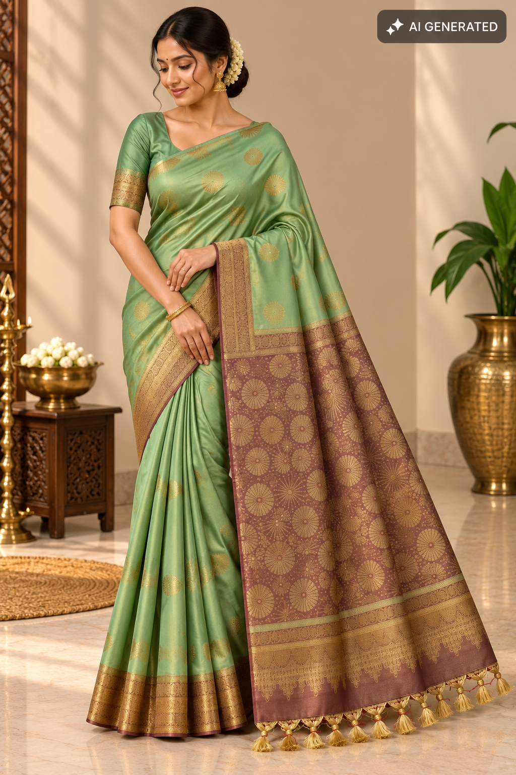 Mint Green & Wine Silk Saree with Floral Zari Pallu