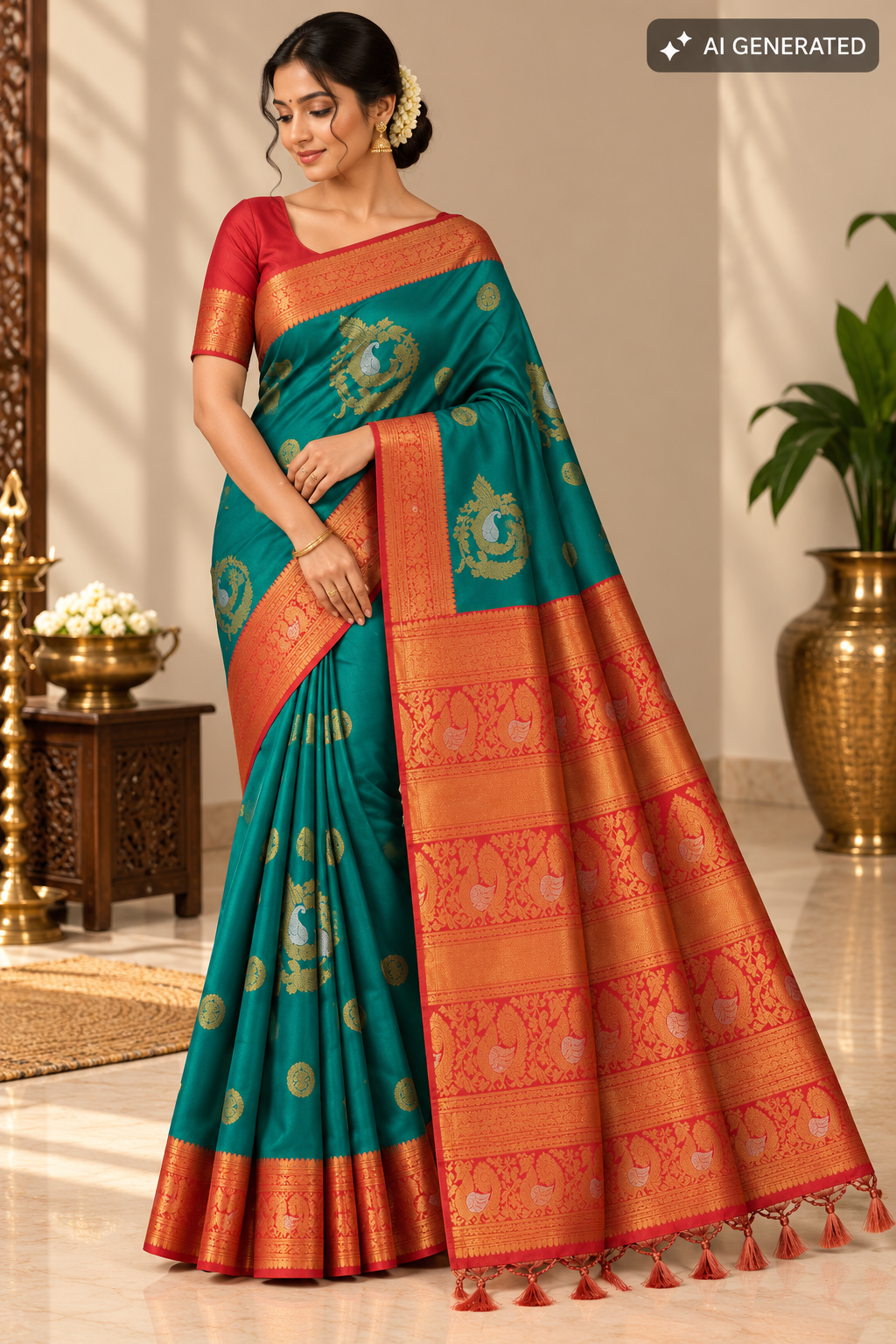 Teal Blue & Peach Silk Saree with Peacock Zari Motifs
