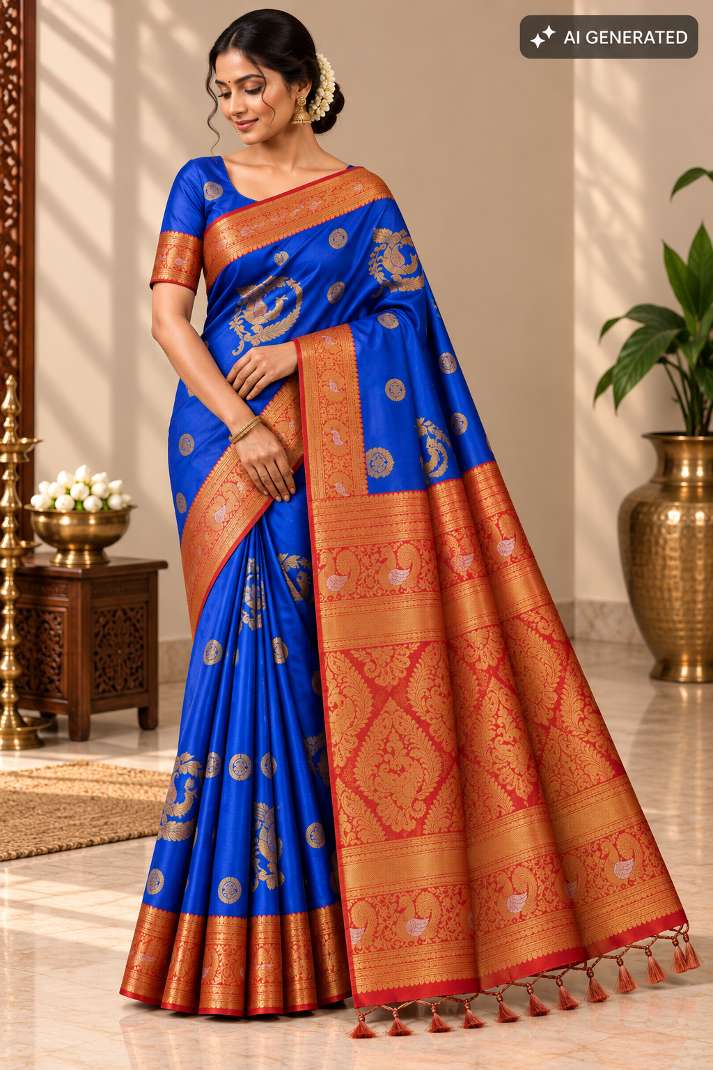 Royal Blue & Copper Red Silk Saree with Peacock Zari Motifs