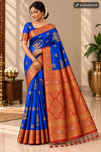 Royal Blue & Copper Red Silk Saree with Peacock Zari Motifs