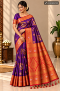 Royal Purple & Coral Pink Silk Saree with Rich Antique Gold Zari