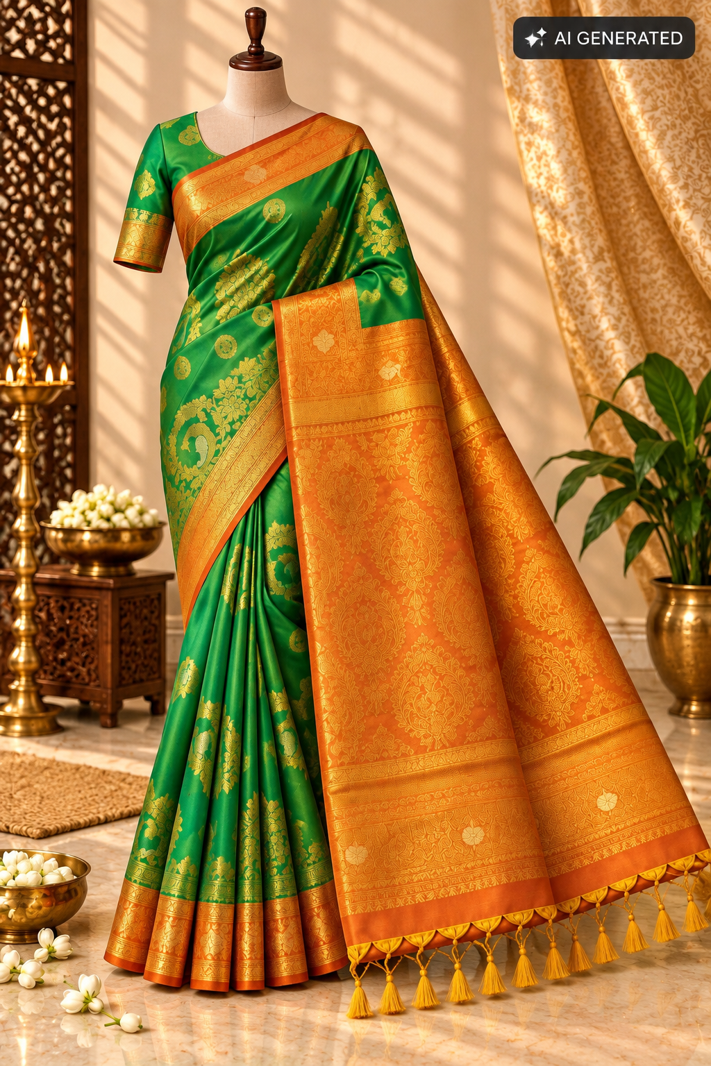 Emerald Green & Burnt Orange Silk Saree with Antique Gold Zari