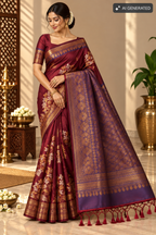 Burgundy & Purple Silk Saree with Floral Zari and Contrast Pallu