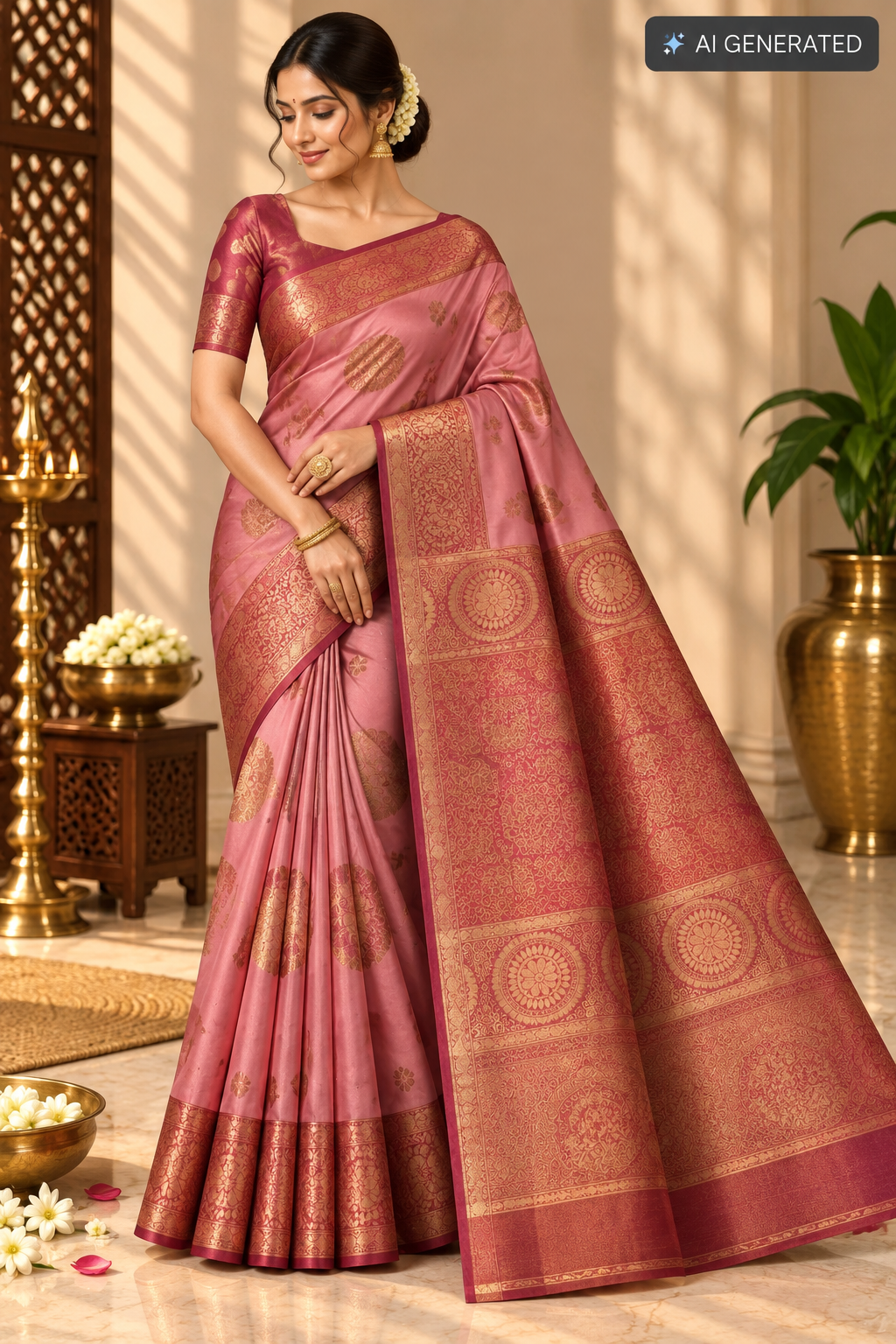 Blush Pink & Rani Pink Silk Saree with Antique Gold Zari Motifs