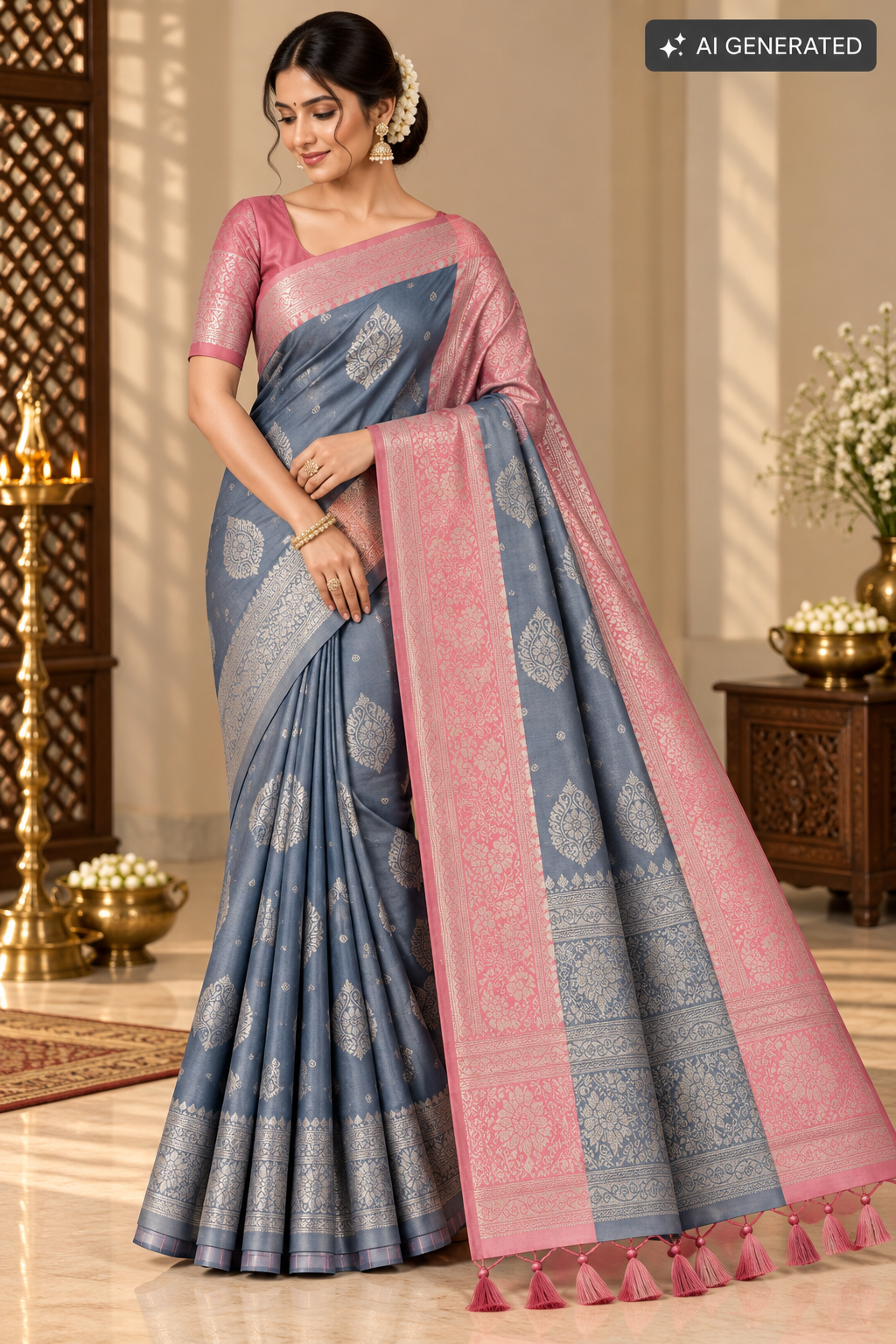 Silver Grey Silk Saree with Silver Floral Motifs & Pink Zari Border