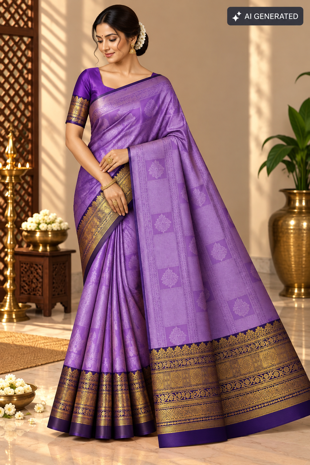 Lavender Purple Silk Saree with Navy Blue & Antique Gold Zari Border