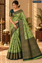 Pistachio Green & Dark Green Silk Saree with Gold Zari Weave