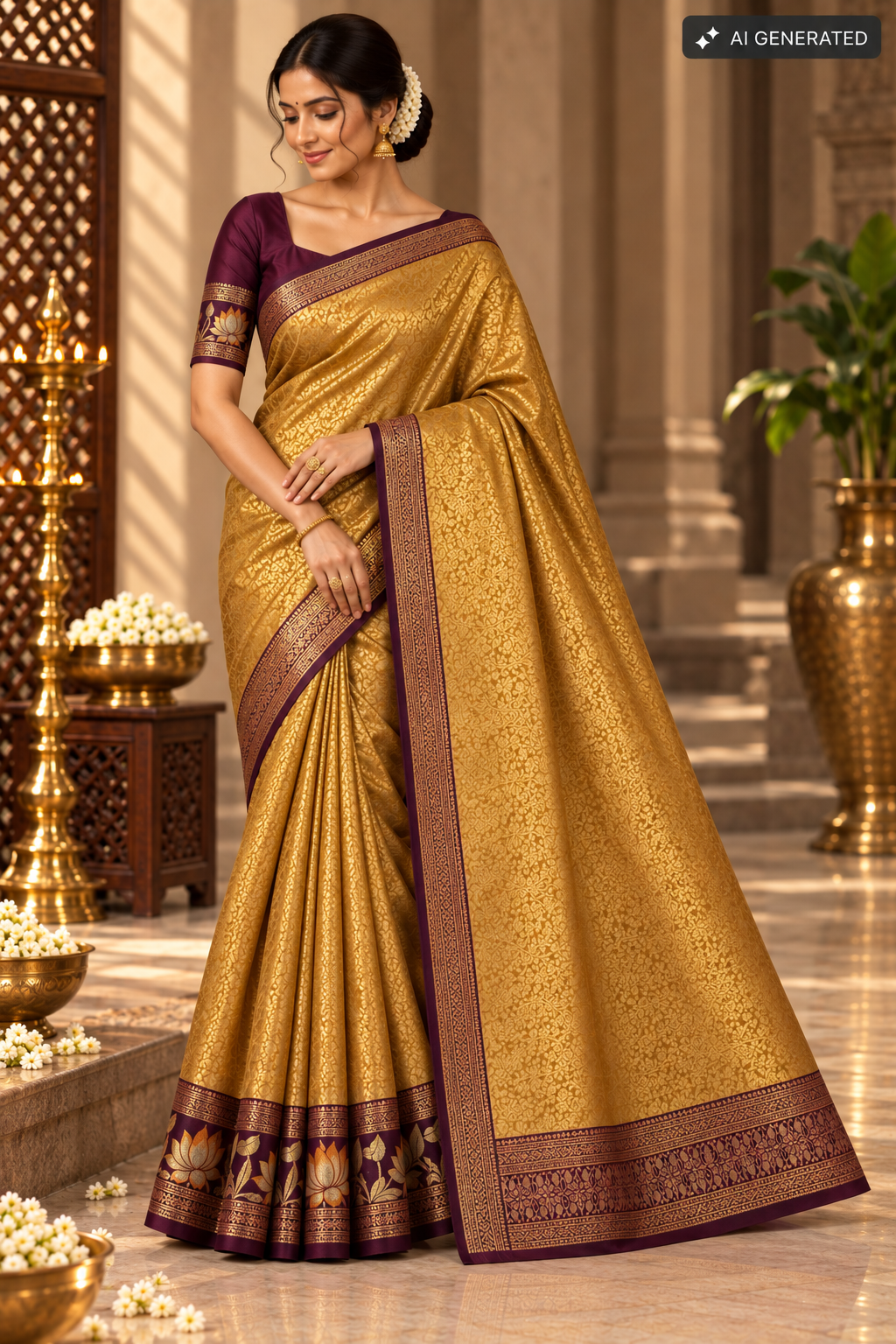 Gold & Purple Silk Saree with Lotus Motifs & Zari Weave