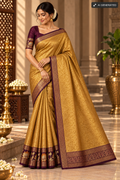 Gold & Purple Silk Saree with Lotus Motifs & Zari Weave