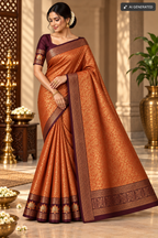 Rust Orange with Maroon Silk Saree – Gold Floral Zari & Lotus Motifs
