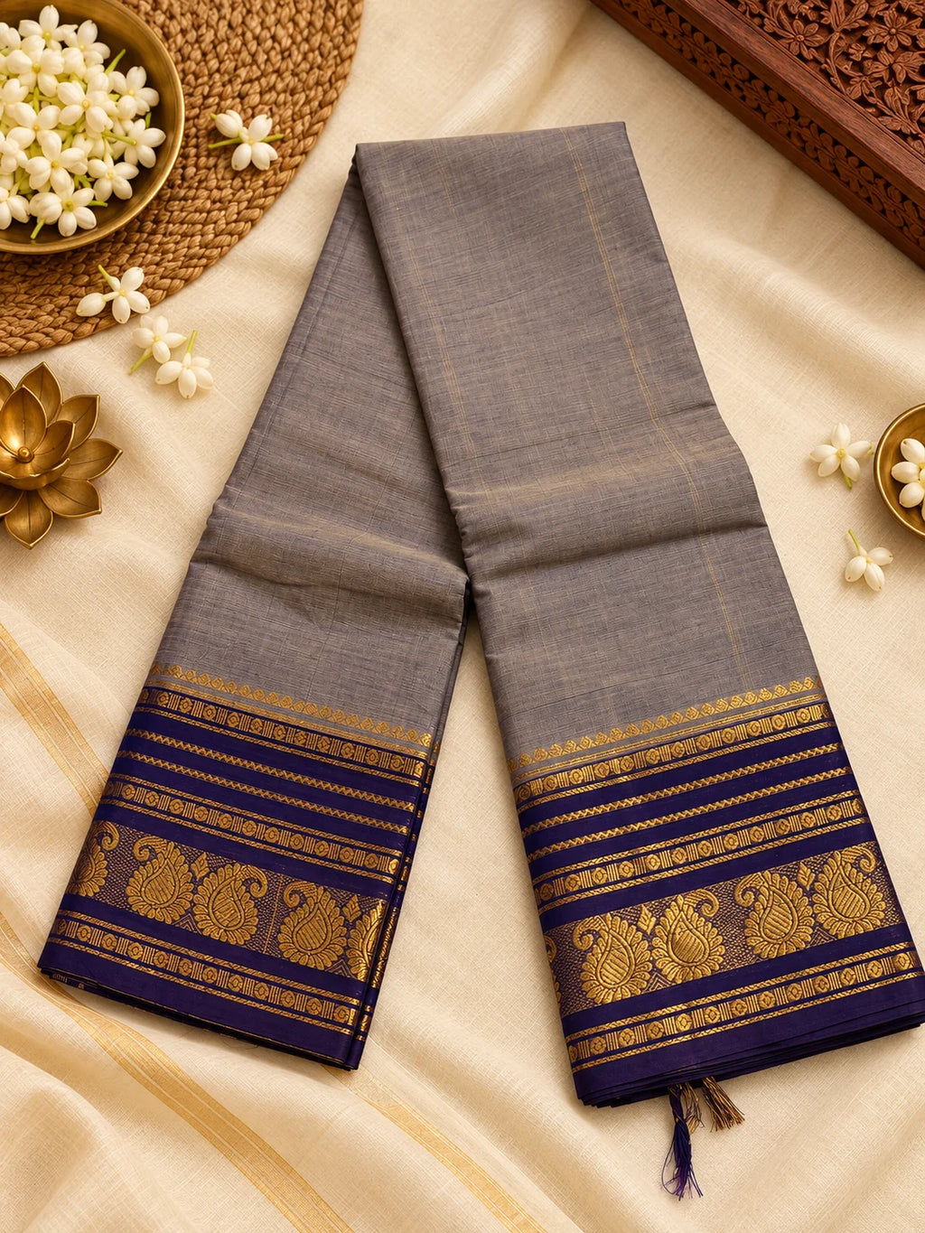 Ash Grey Cotton Saree with Purple & Gold Zari Border