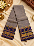 Ash Grey Cotton Saree with Purple & Gold Zari Border