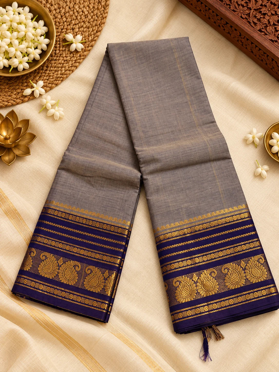 Ash Grey Cotton Saree with Purple & Gold Zari Border