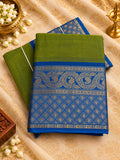 Olive Green & Royal Blue Cotton Saree with Gold Zari