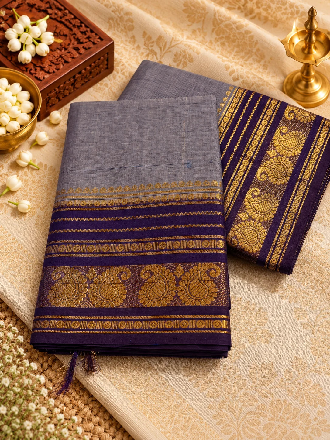 Ash Grey Cotton Saree with Purple & Gold Zari Border