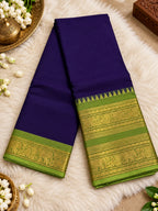 Parrot Green & Purple Cotton Saree with Gold Zari Border