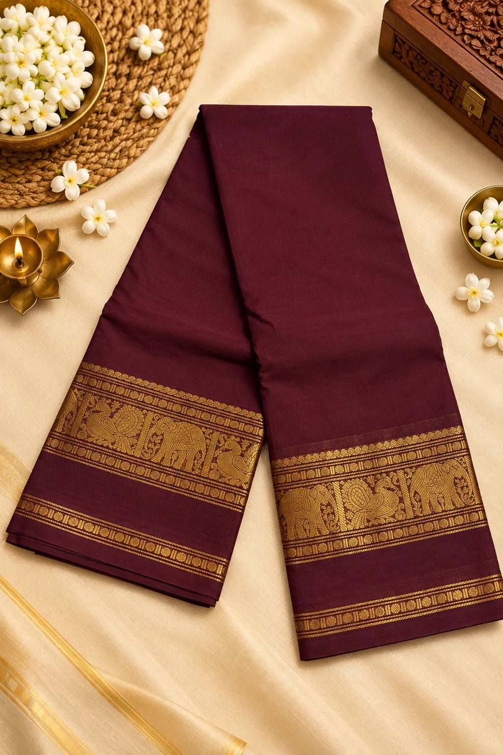 Chocolate brown Cotton Saree with Traditional Gold Zari Border