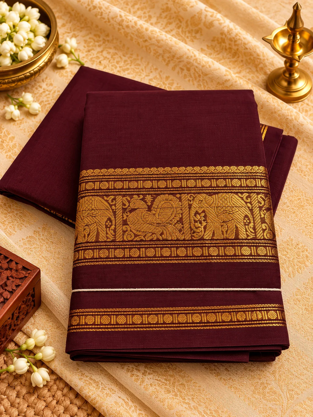 Chocolate brown Cotton Saree with Traditional Gold Zari Border