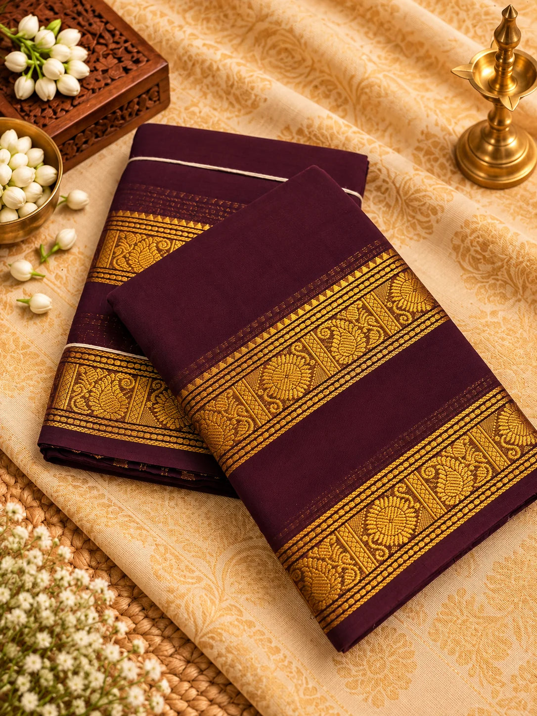 Chocolate Brown Cotton Saree with Rich Gold Zari Border