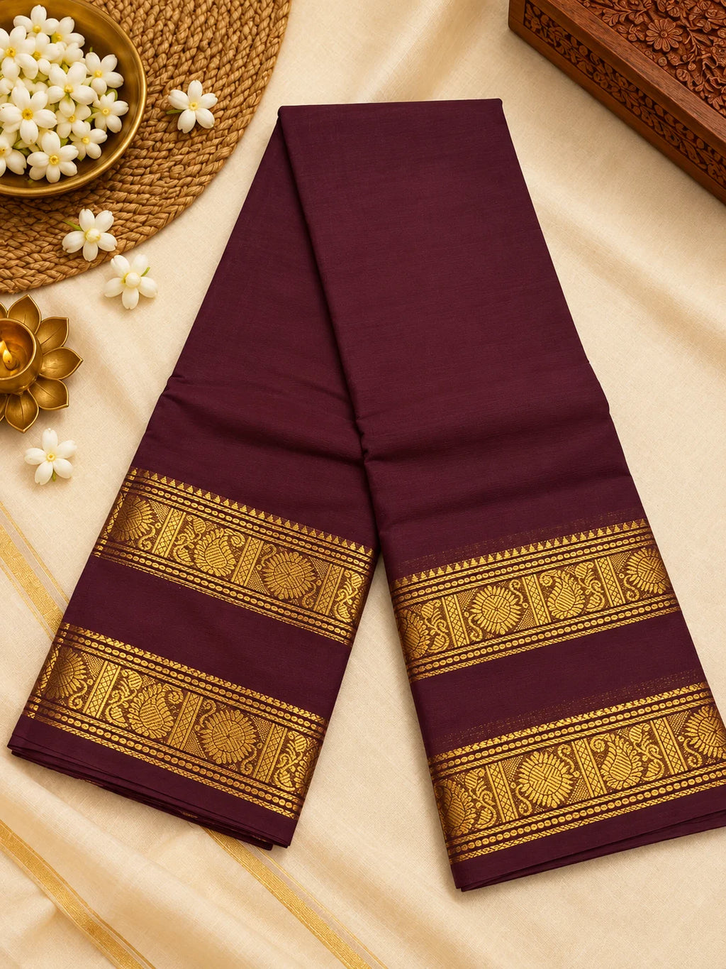 Chocolate Brown Cotton Saree with Rich Gold Zari Border
