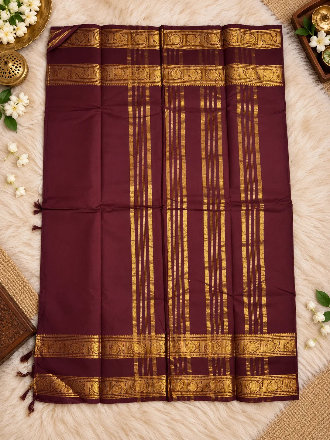 Chocolate Brown Cotton Saree with Rich Gold Zari Border