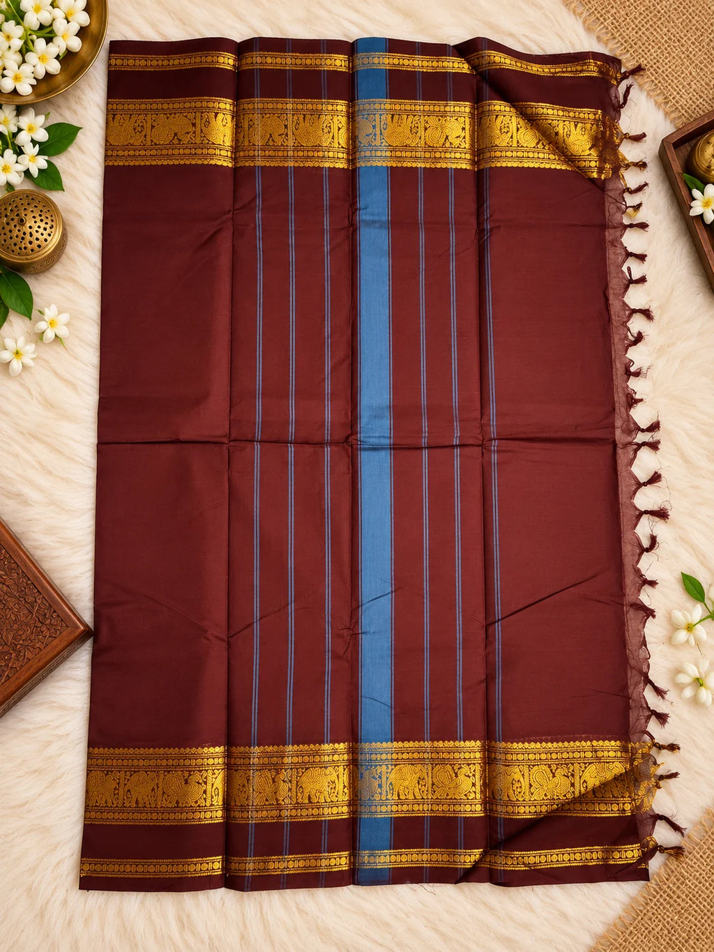 Chocolate brown Cotton Saree with Traditional Gold Zari Border