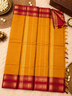 Mustard Gold Cotton Saree with Magenta Gold Zari Border