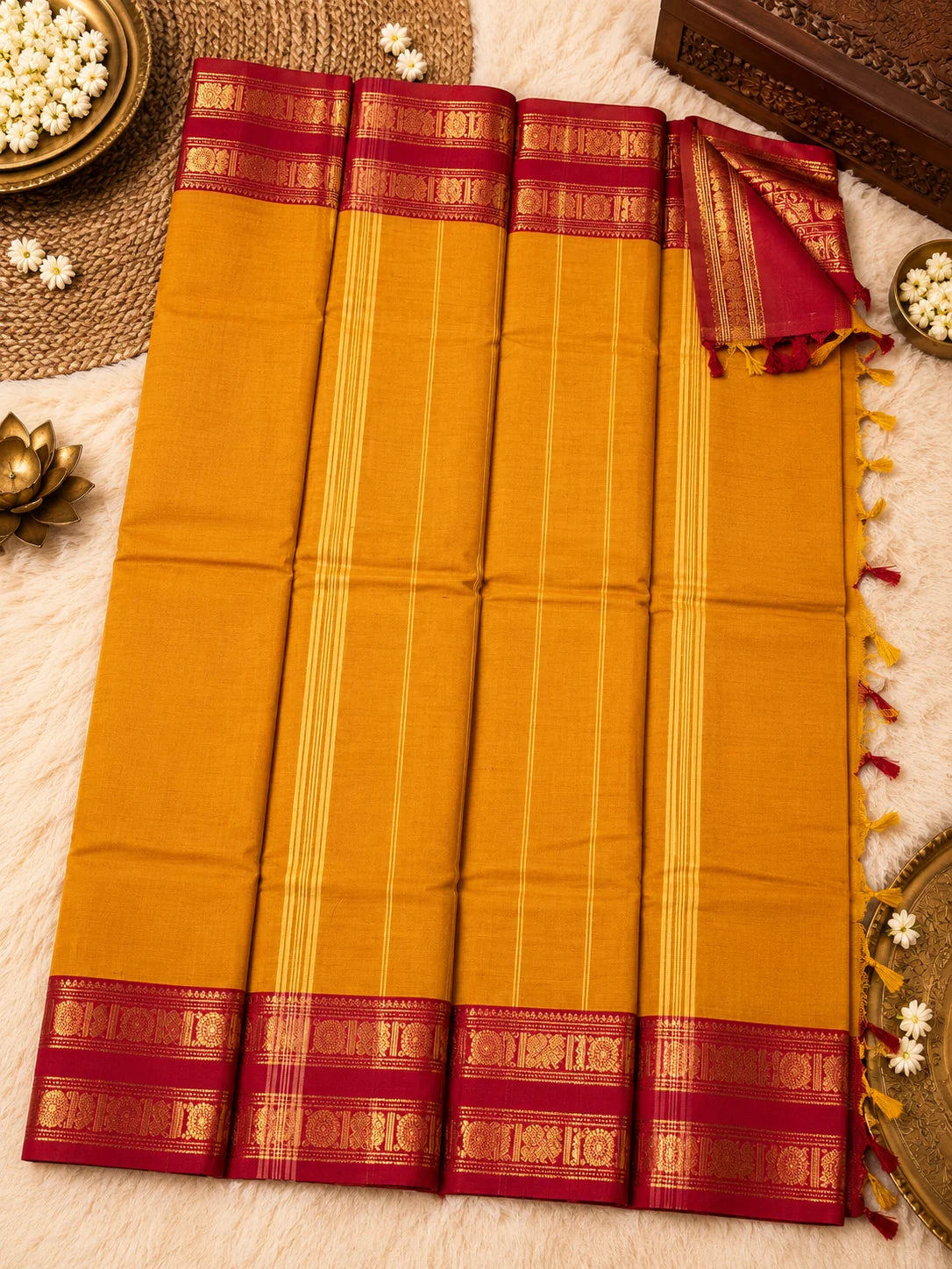 Mustard Gold Cotton Saree with Magenta Gold Zari Border
