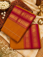 Mustard Gold Cotton Saree with Magenta Gold Zari Border