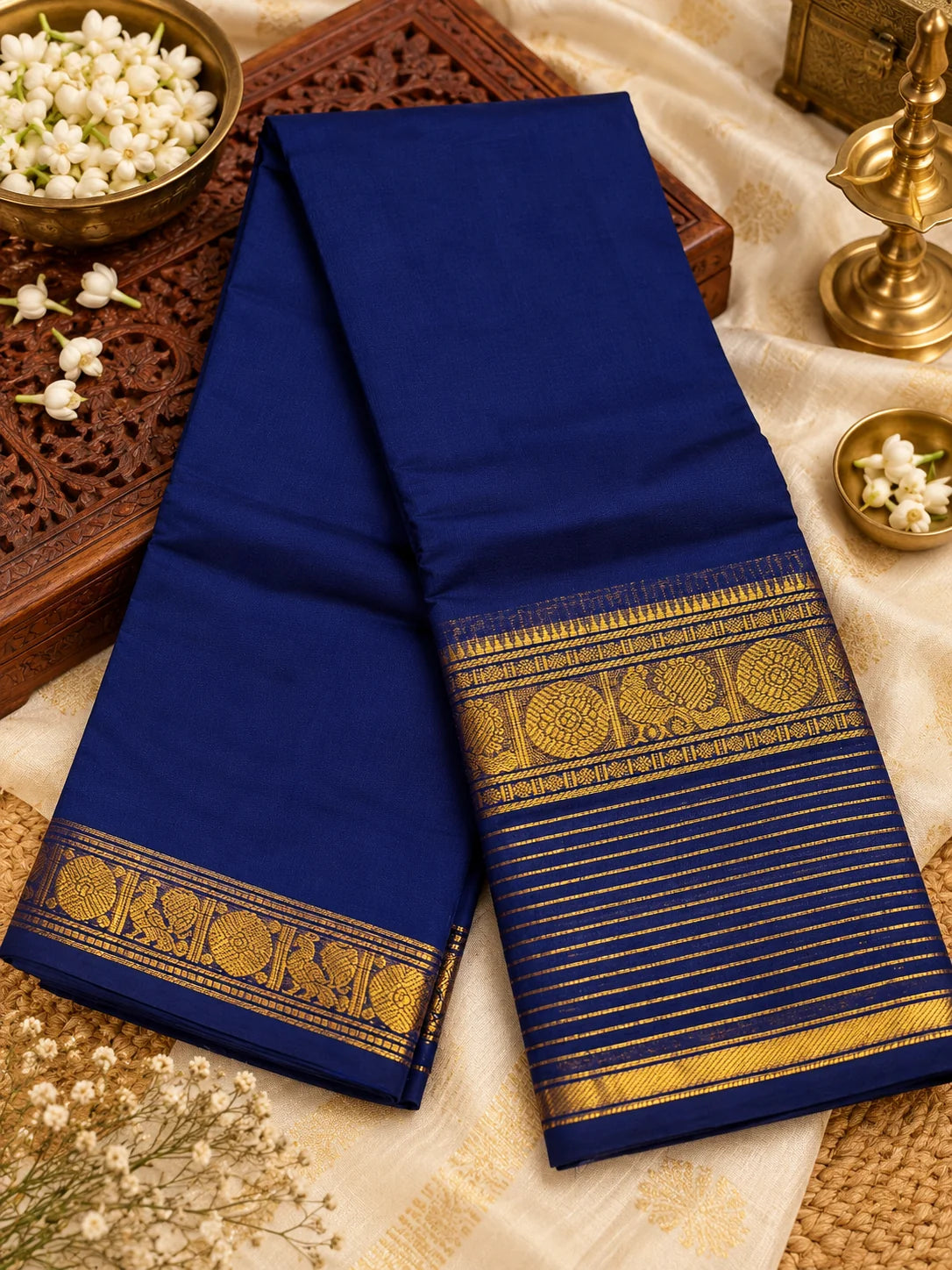 Navy Blue 120 Count Cotton Saree with Rich Gold Zari Border